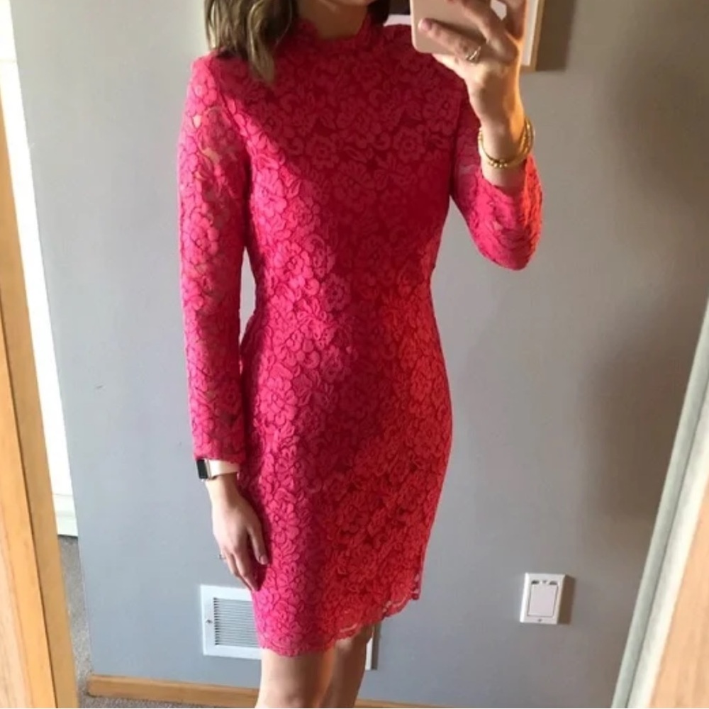 H&M Hot Pink Lace Long Sleeve Above Knee Dress - Size 4